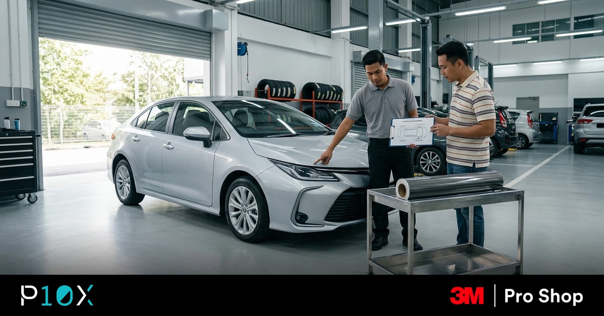 Working out how much PPF coverage a car needs, with an adviser and owner reading a panel diagram in an installation bay.