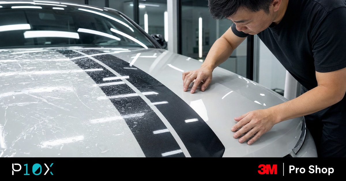 PPF over factory decals being assessed on a striped bonnet before installation.