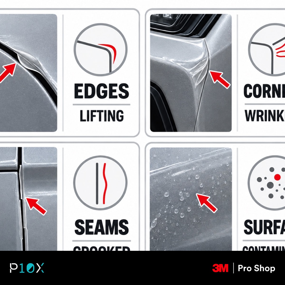 Four areas to inspect for bad PPF workmanship: edges, corners, seams and surface.