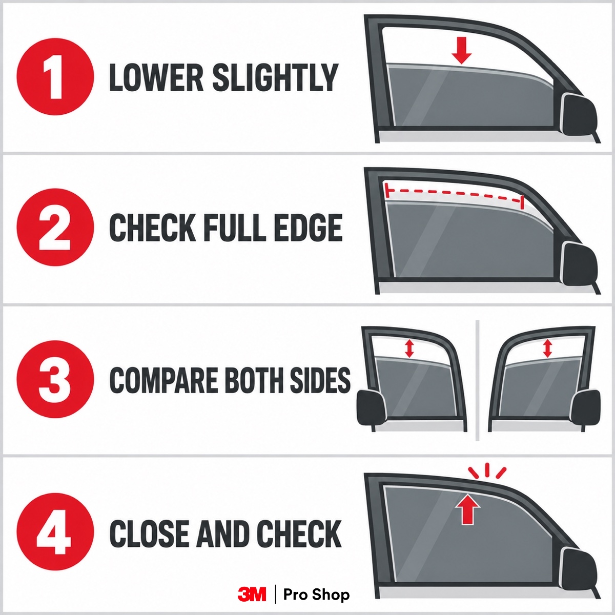 Four steps for checking a window tint top edge gap.