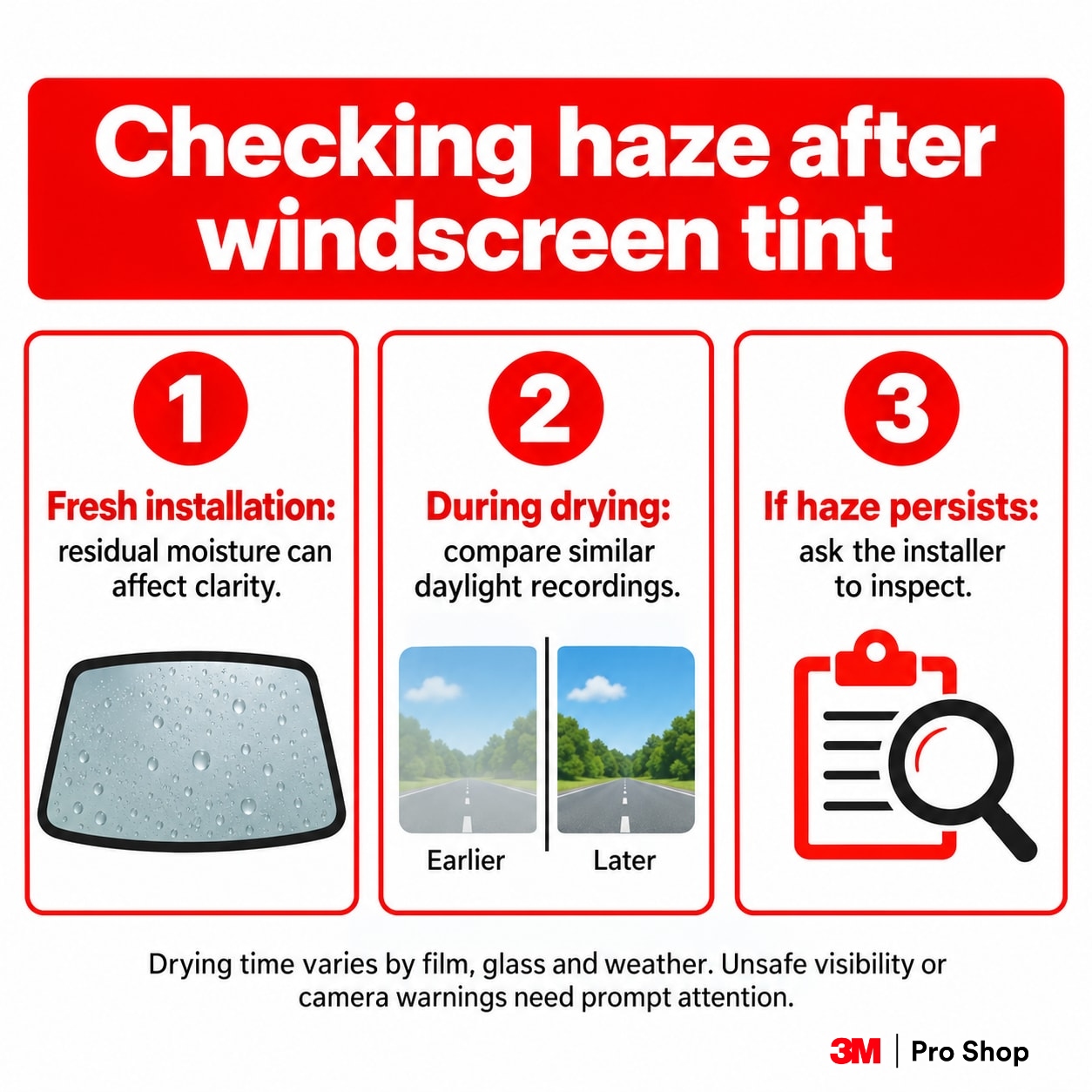 Steps for monitoring tint haze without treating a fixed day count as a diagnosis