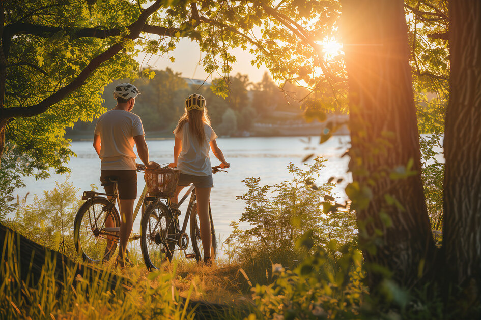Radfahrer am Großen Plöner See in der Holsteinischen Schweiz – Blick auf den See bei Sonnenschein