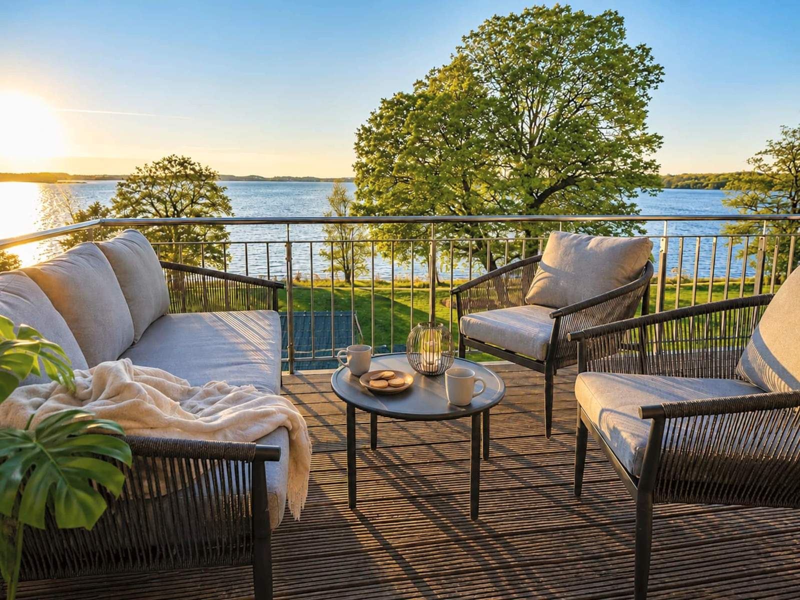Balkon mit Sitzgruppe und Panoramablick auf den Plöner See