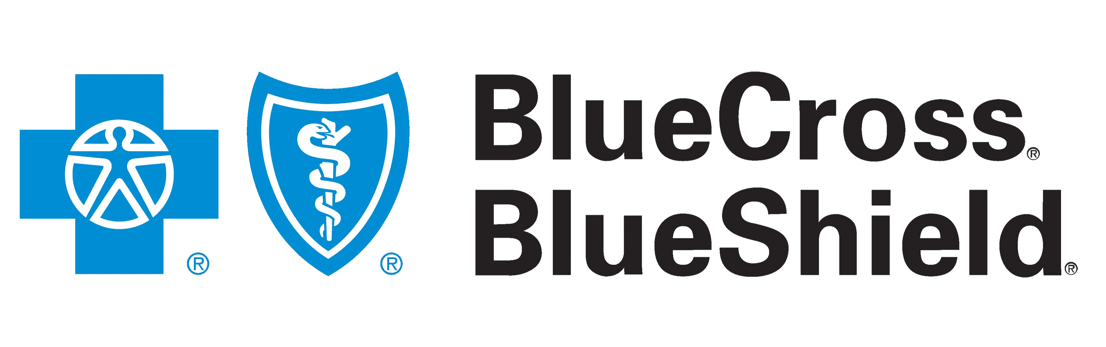 BlueCross BlueShield logo with blue cross and shield icons and black text
