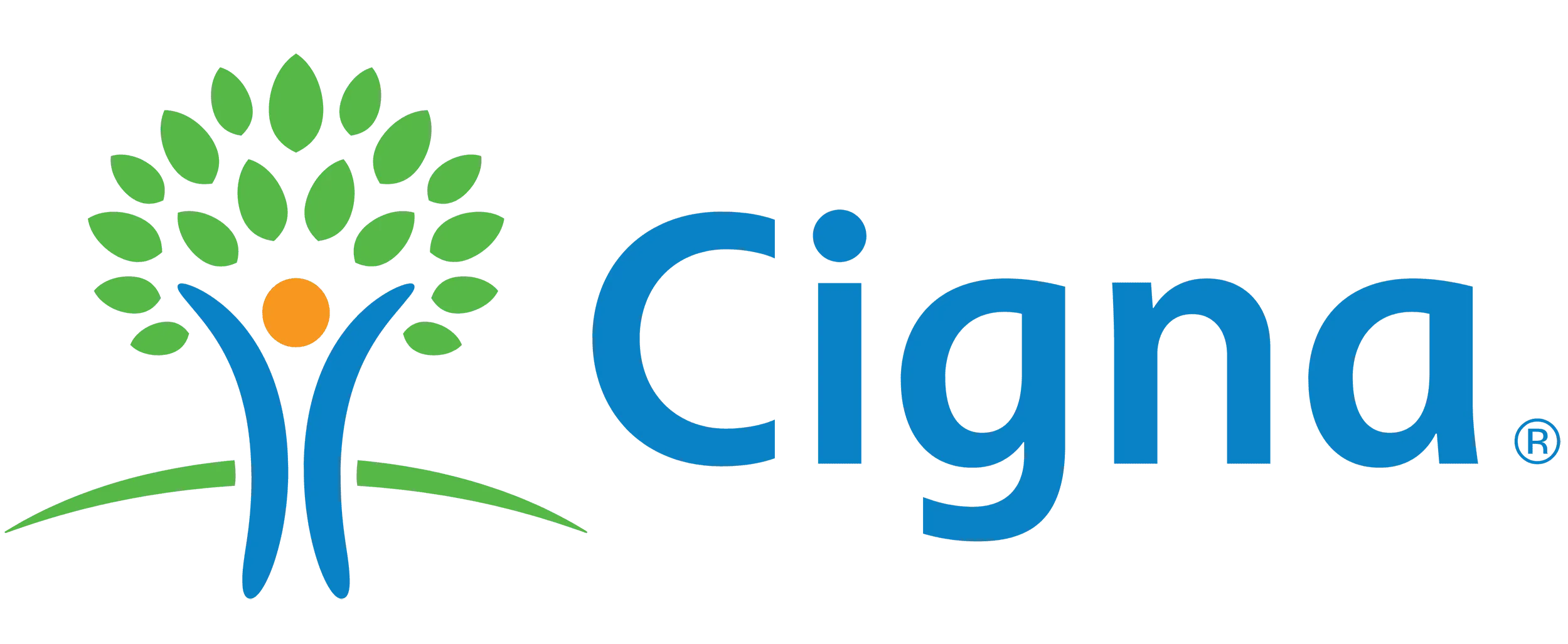 Cigna logo featuring stylized blue figure with green leaves and orange center circle