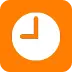 White clock icon showing 3 o'clock on orange background.