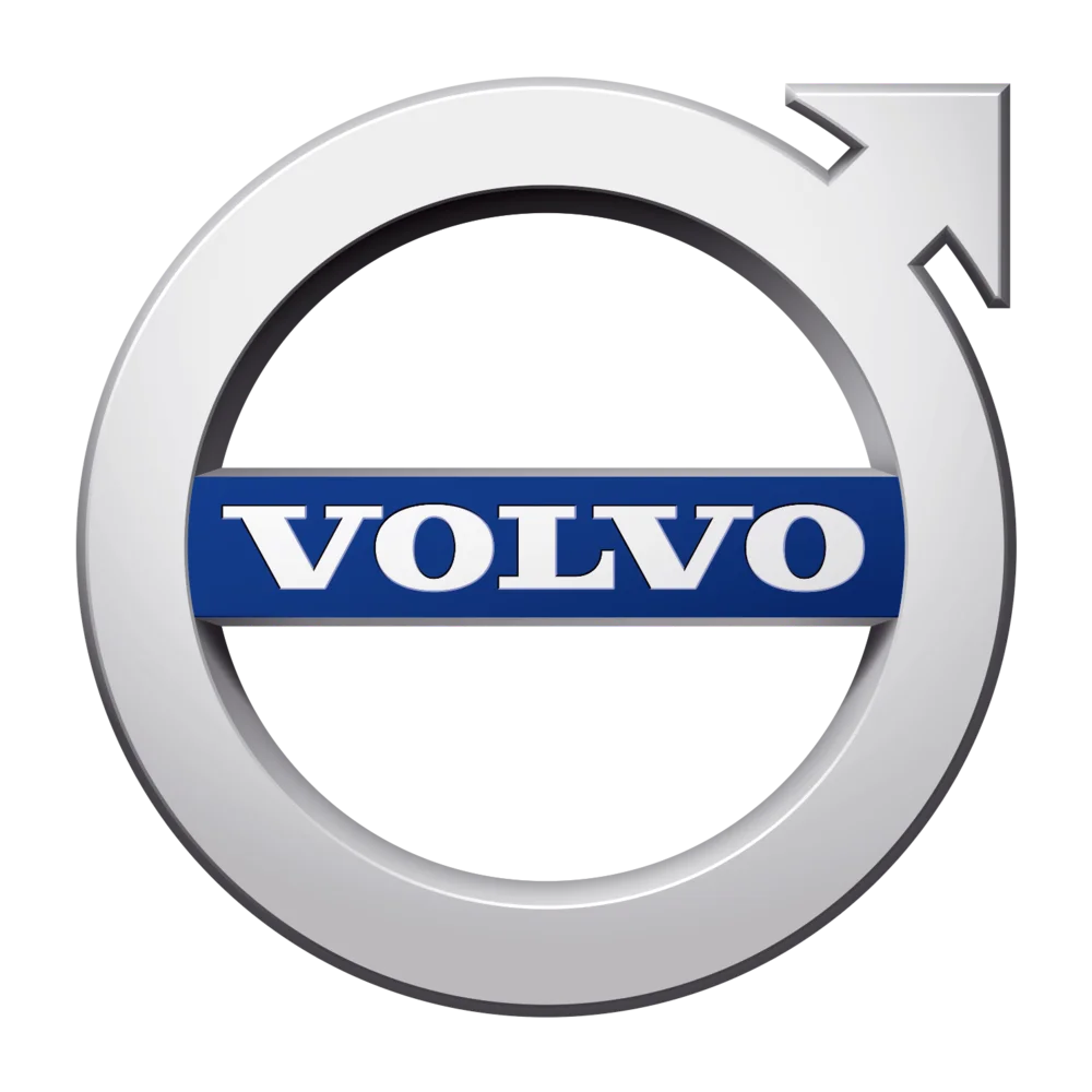 Volvo logo featuring a silver circular arrow with the word VOLVO in white on a blue horizontal bar.