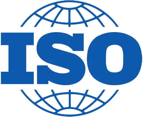 ISO logo with blue letters over a globe grid design.