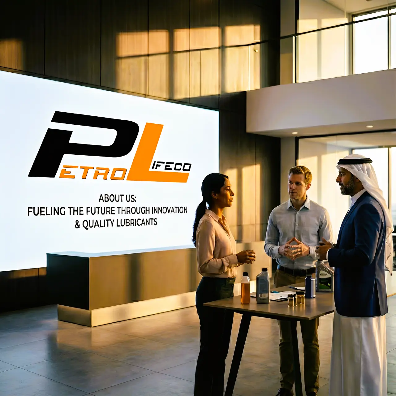 Three business professionals discussing lubricants at a table in a modern office with a large Petro Lifeco logo and company slogan on the wall.