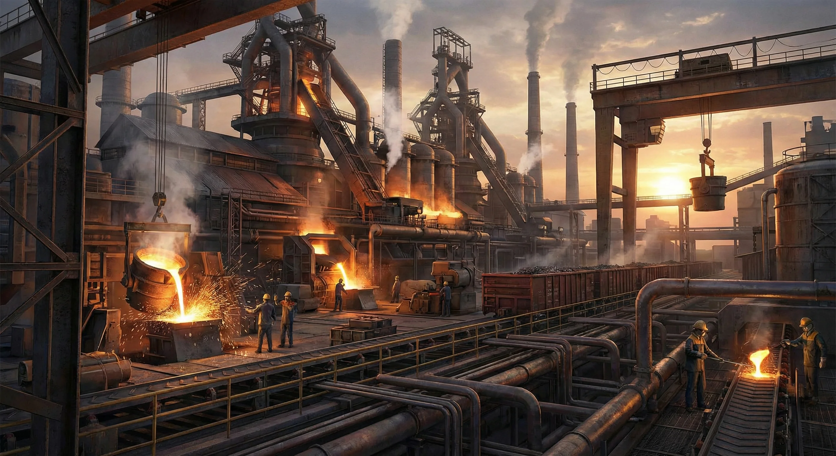 Industrial steel factory with workers pouring molten metal and large pipes under a smoky sunset sky.
