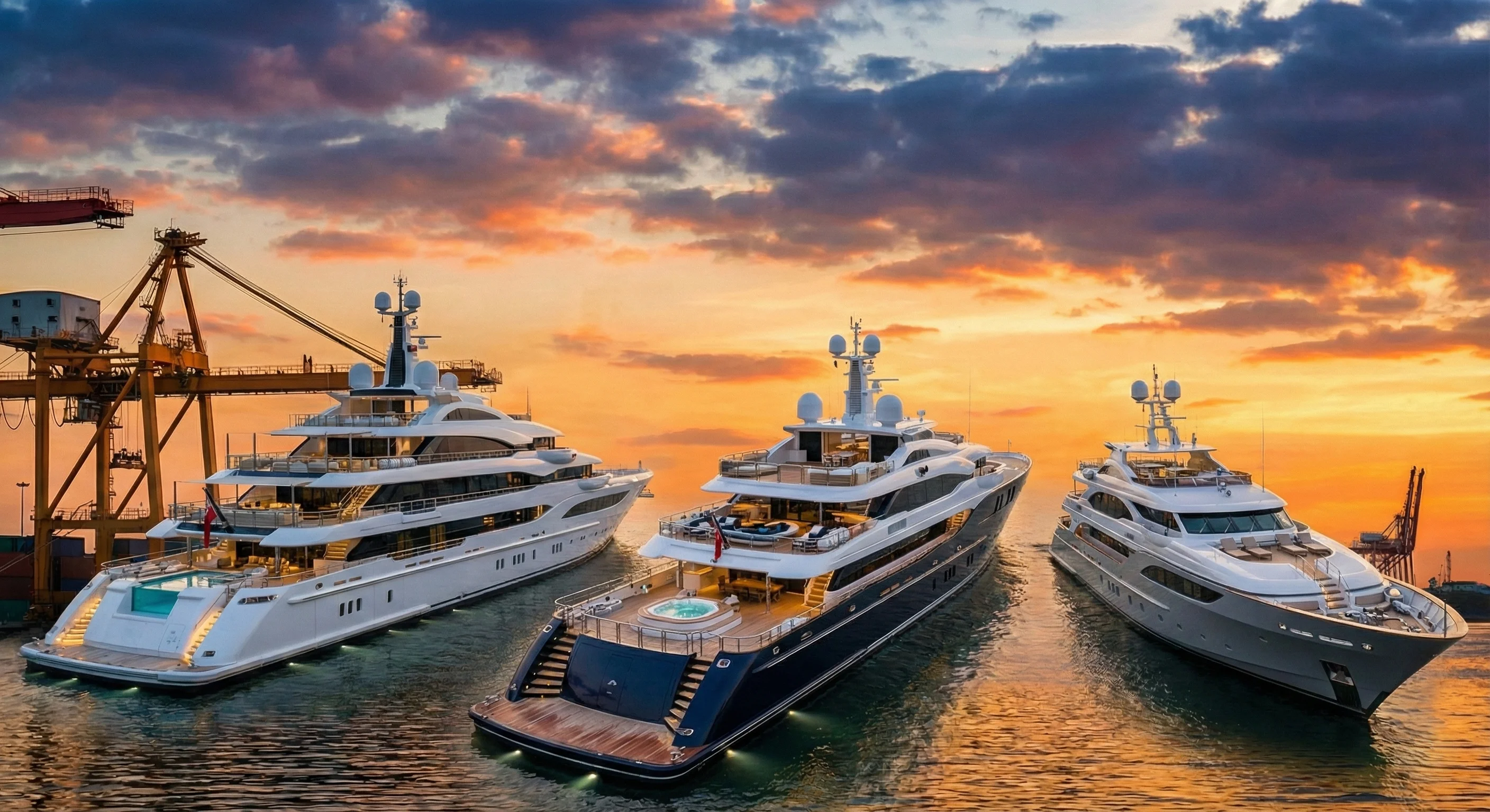 Three luxury yachts docked side by side at sunset with a colorful sky and cranes in the background.