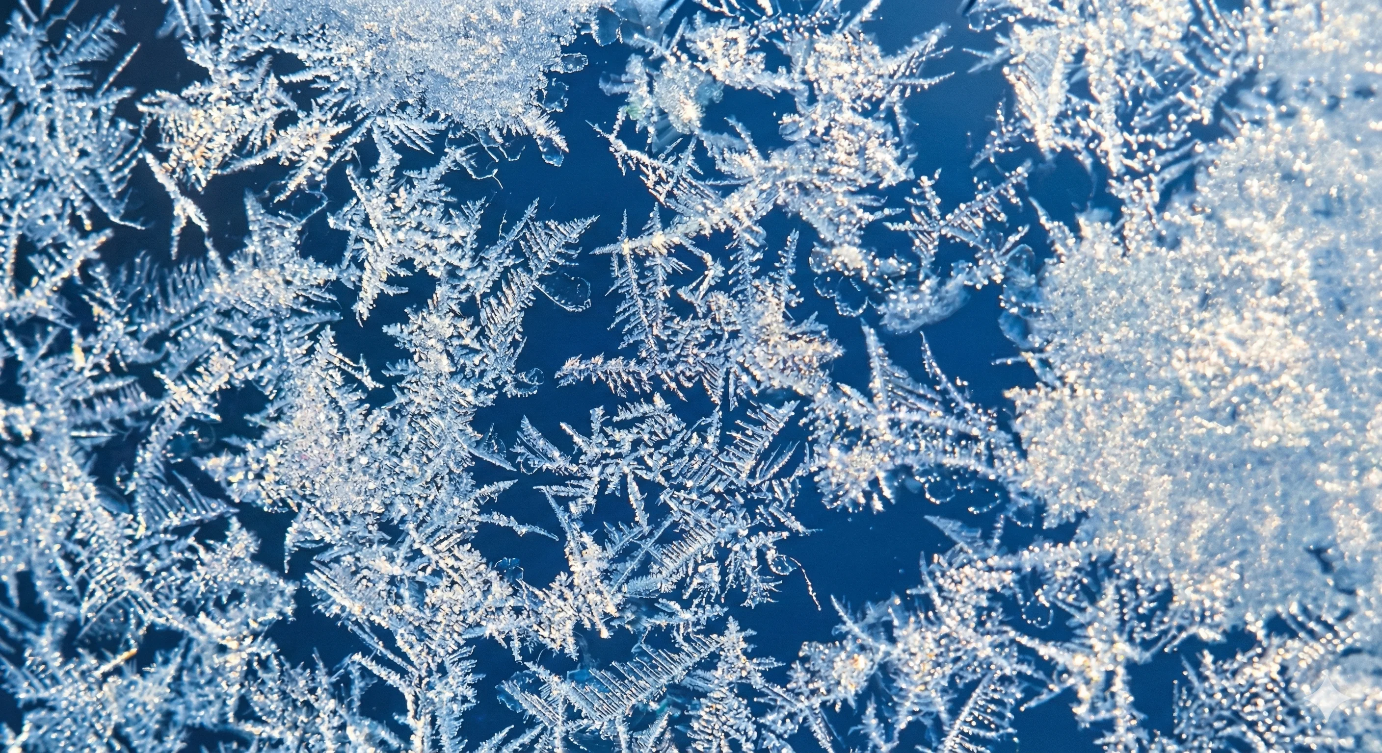Close-up of intricate snowflakes and ice crystals on a blue surface.