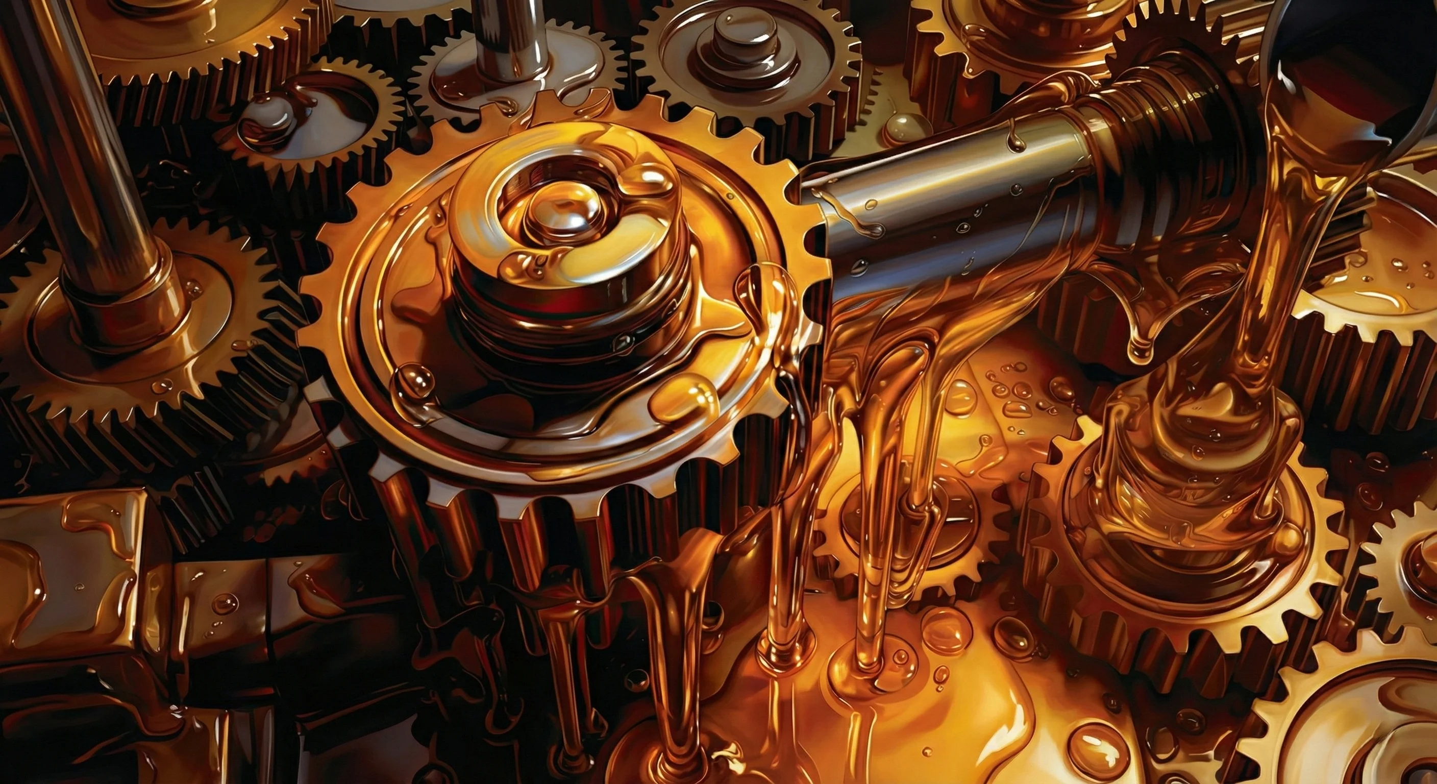 Close-up of golden gears being lubricated with thick, flowing oil.