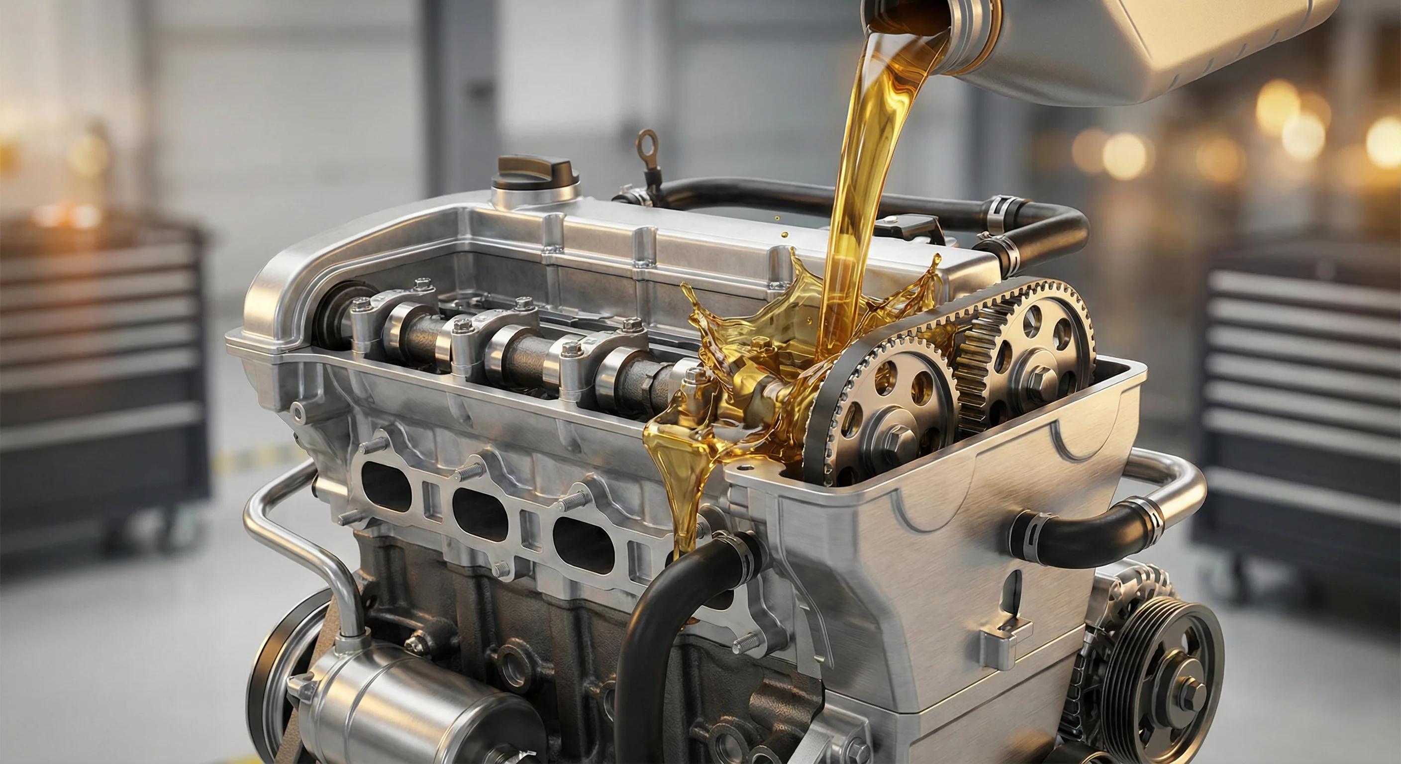 Golden motor oil being poured into the open compartment of a car engine showing camshafts and gears.