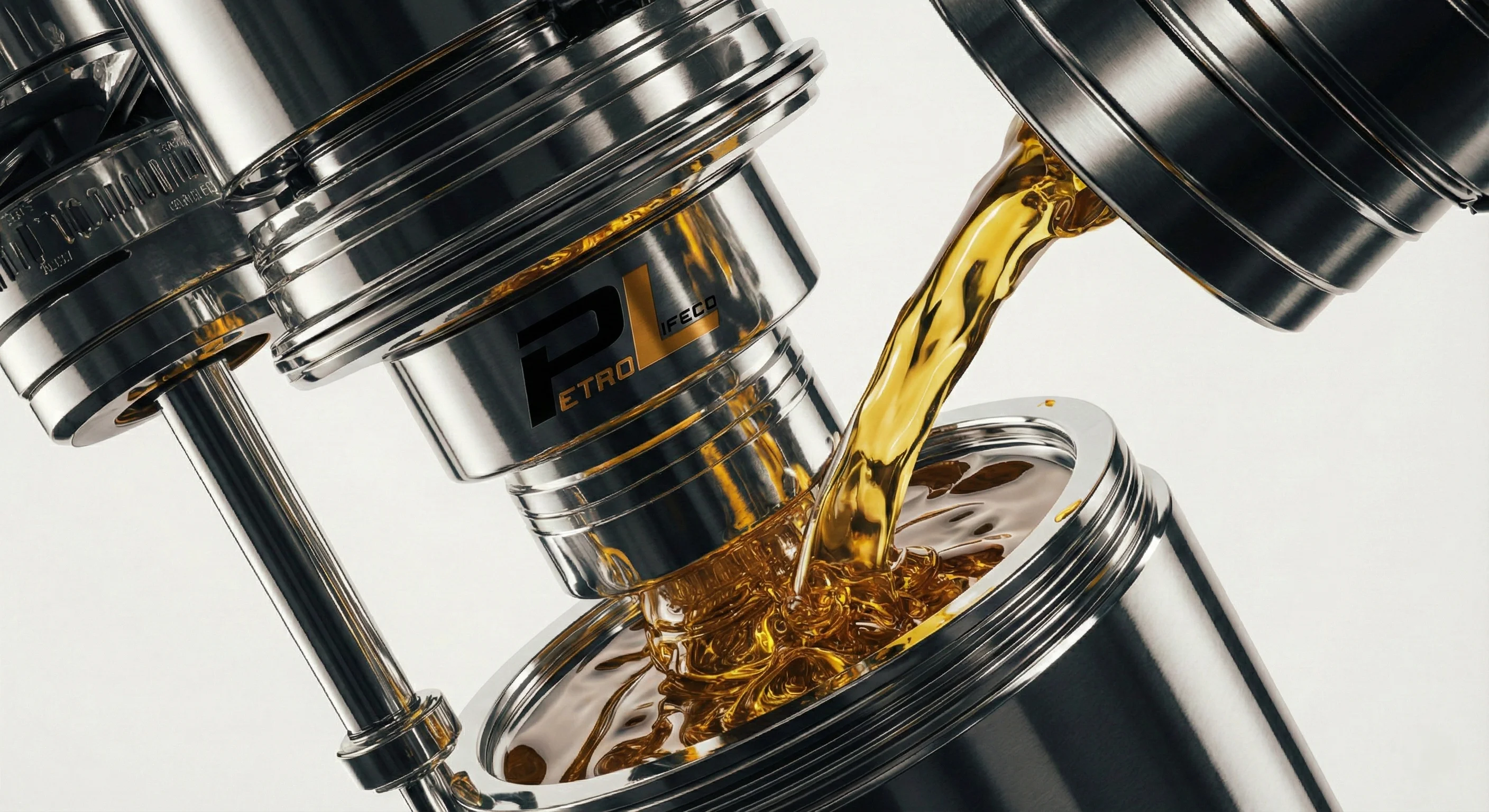 Golden liquid being poured into a stainless steel container attached to a mechanical apparatus labeled 'Petro Life Co.'