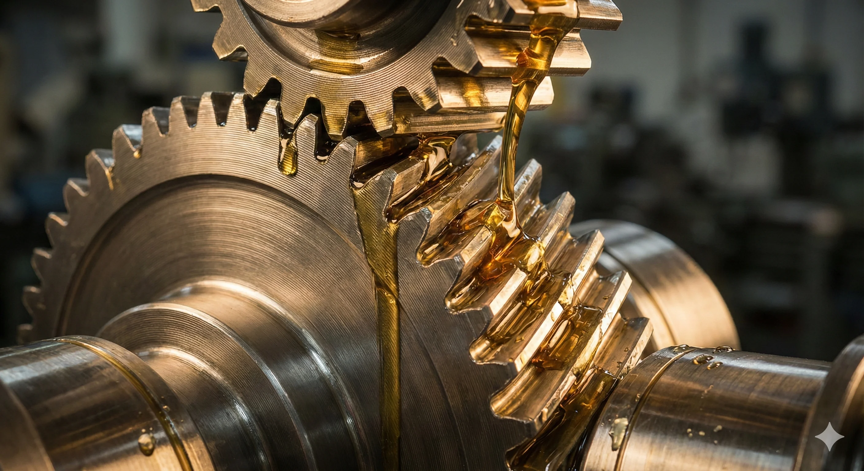 Close-up of metallic gears being lubricated with golden oil in an industrial setting.