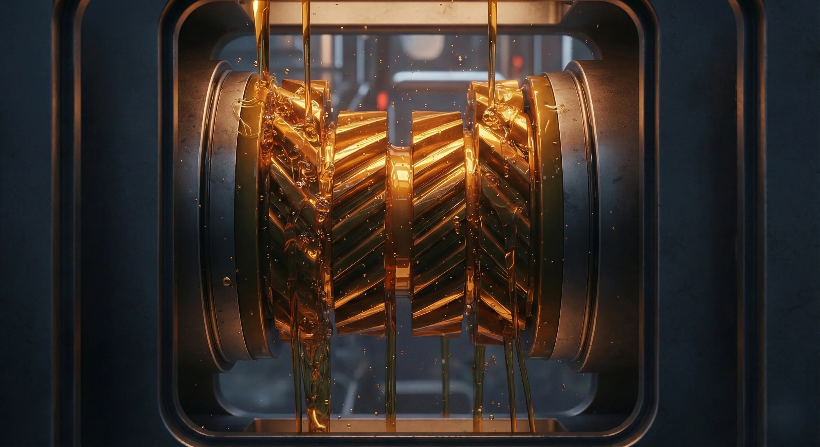 Close-up of golden gears lubricated with oil inside a mechanical casing.