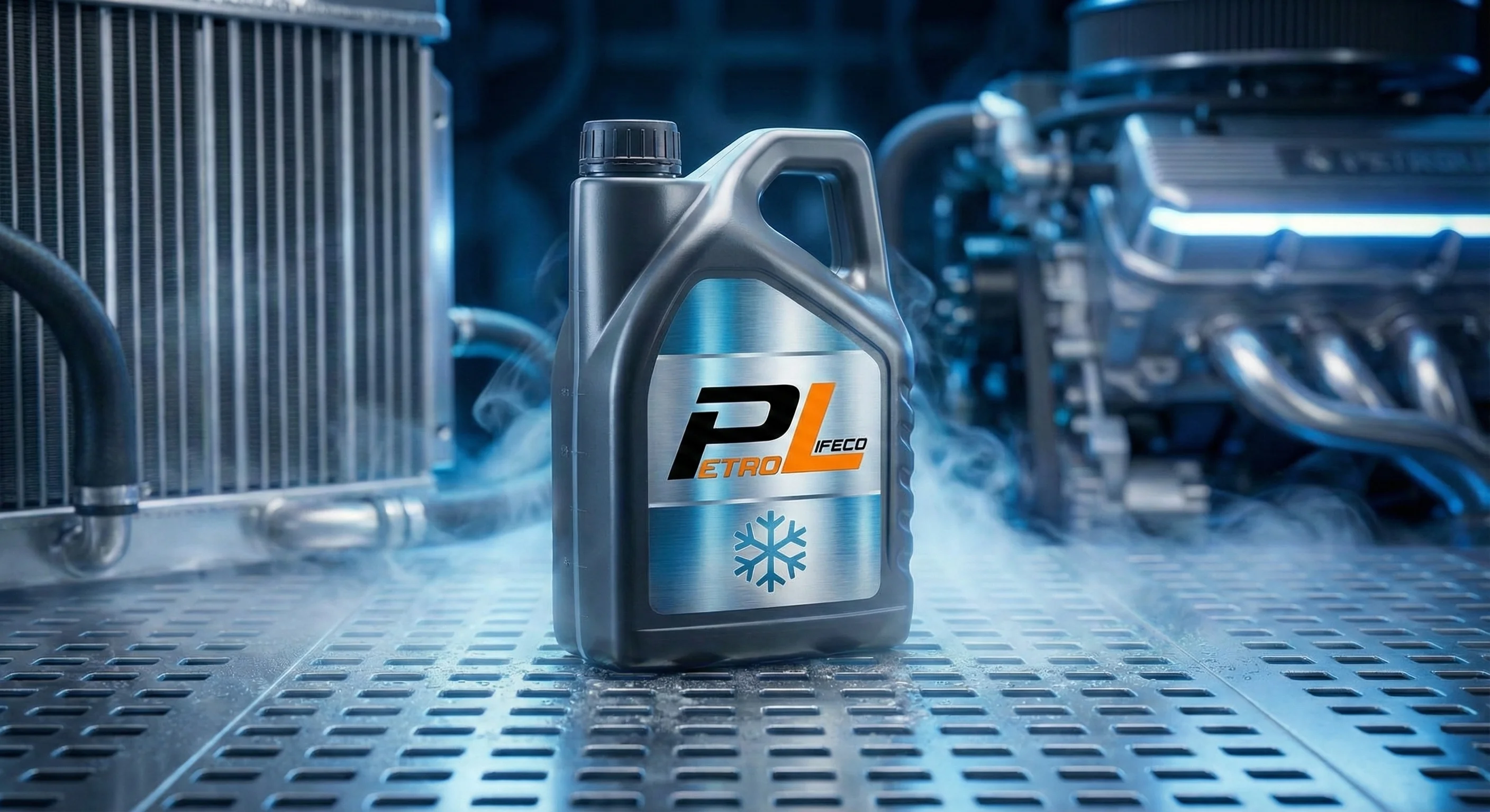 Black plastic container labeled 'Petro Lifeco' with a snowflake symbol, placed in a metallic automotive engine setting with steam.