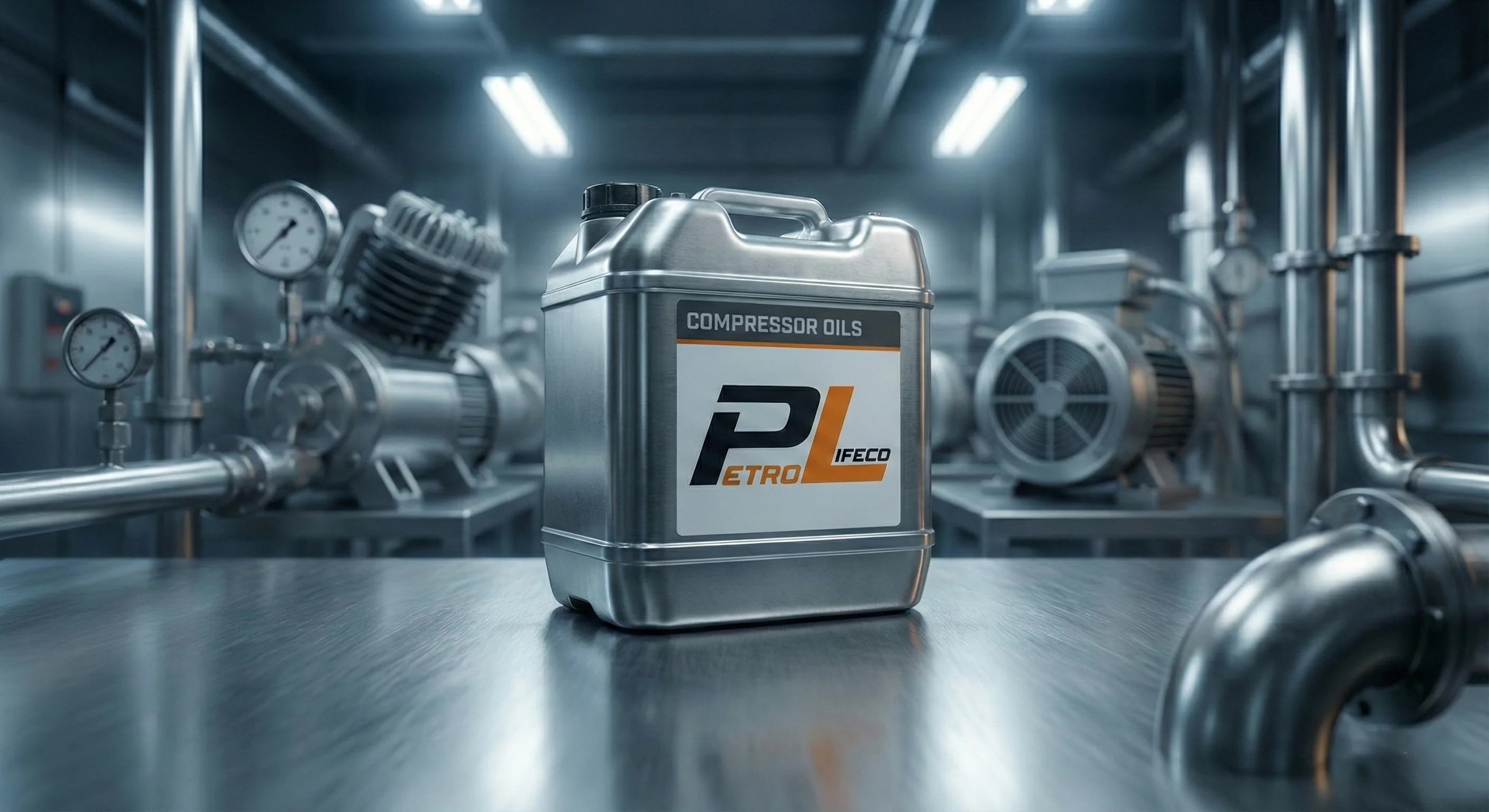 Metal container of Petro Lifeco compressor oils on a reflective metal surface in an industrial setting with machinery and pipes in the background.