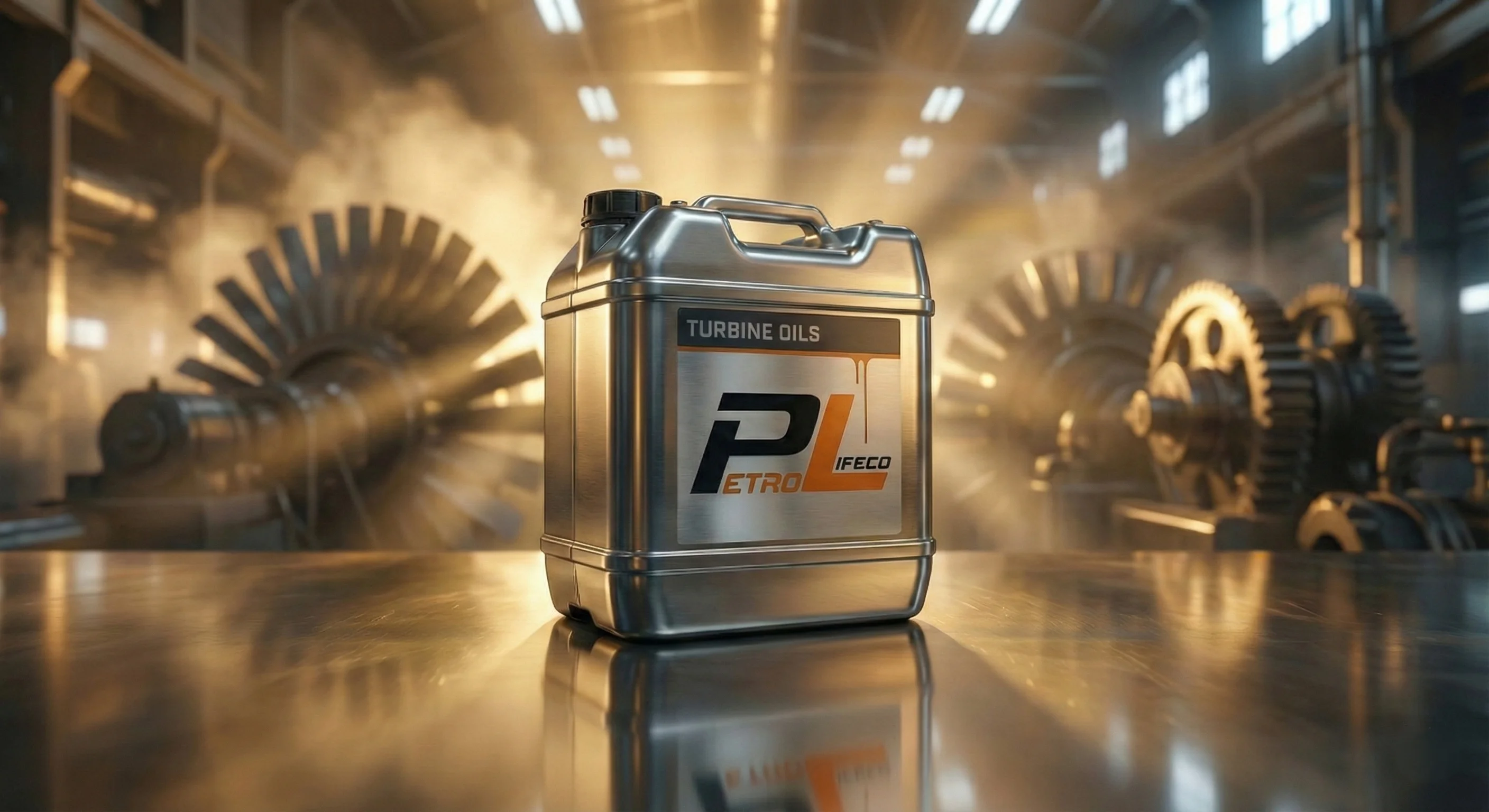 Metal container labeled 'Turbine Oils Petro Lifeco' on a reflective surface in an industrial setting with large machinery in the background.