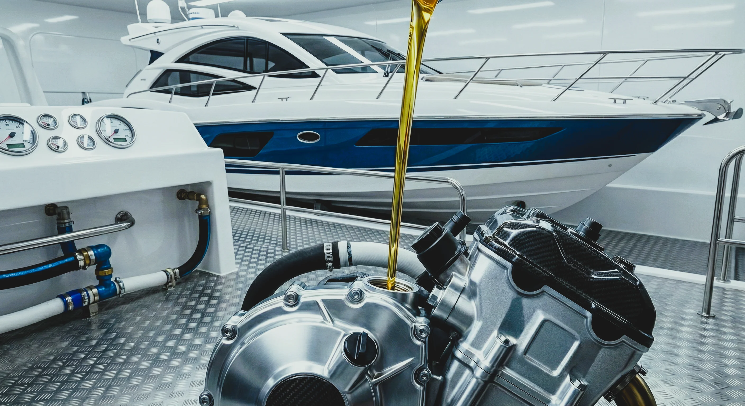 Oil being poured into a shiny boat engine with a white and blue yacht in the background.