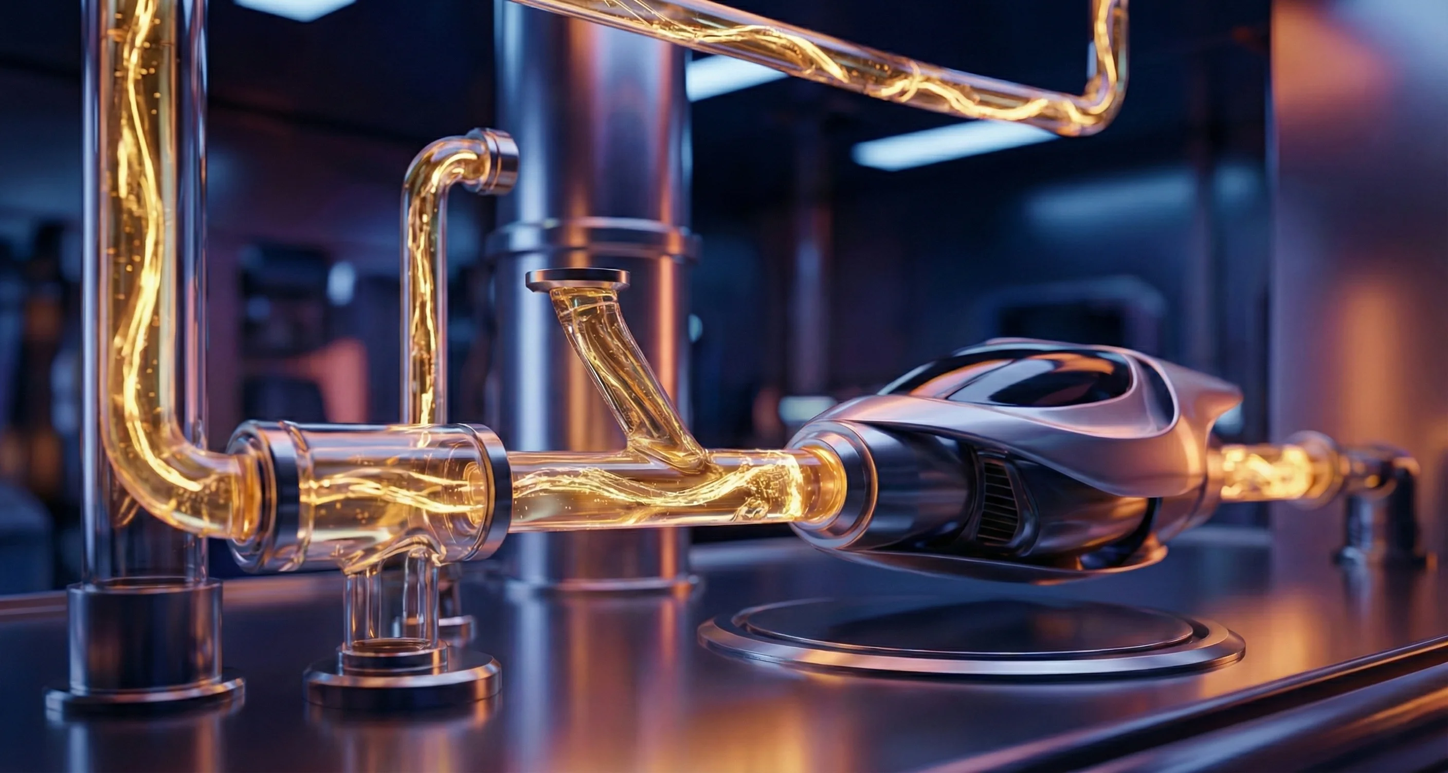 Futuristic metallic machine connected to transparent pipes with glowing yellow fluid inside, set in a sleek industrial environment.