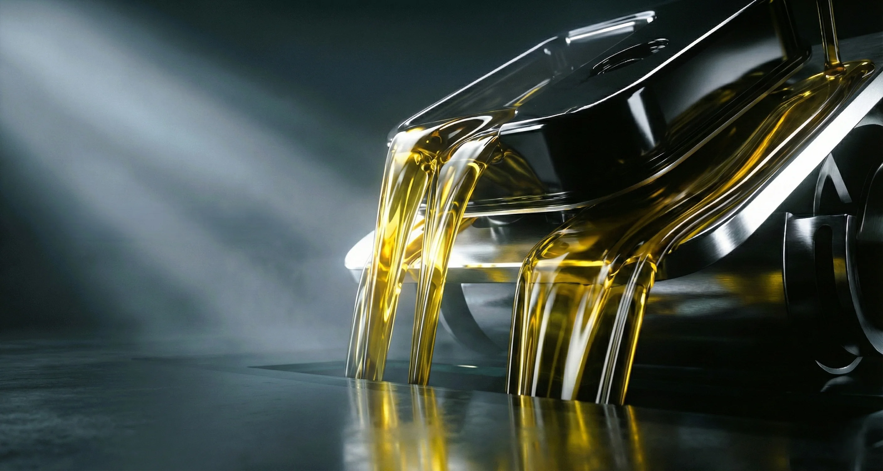 Golden engine oil flowing smoothly out of metallic engine parts with light rays in the background.