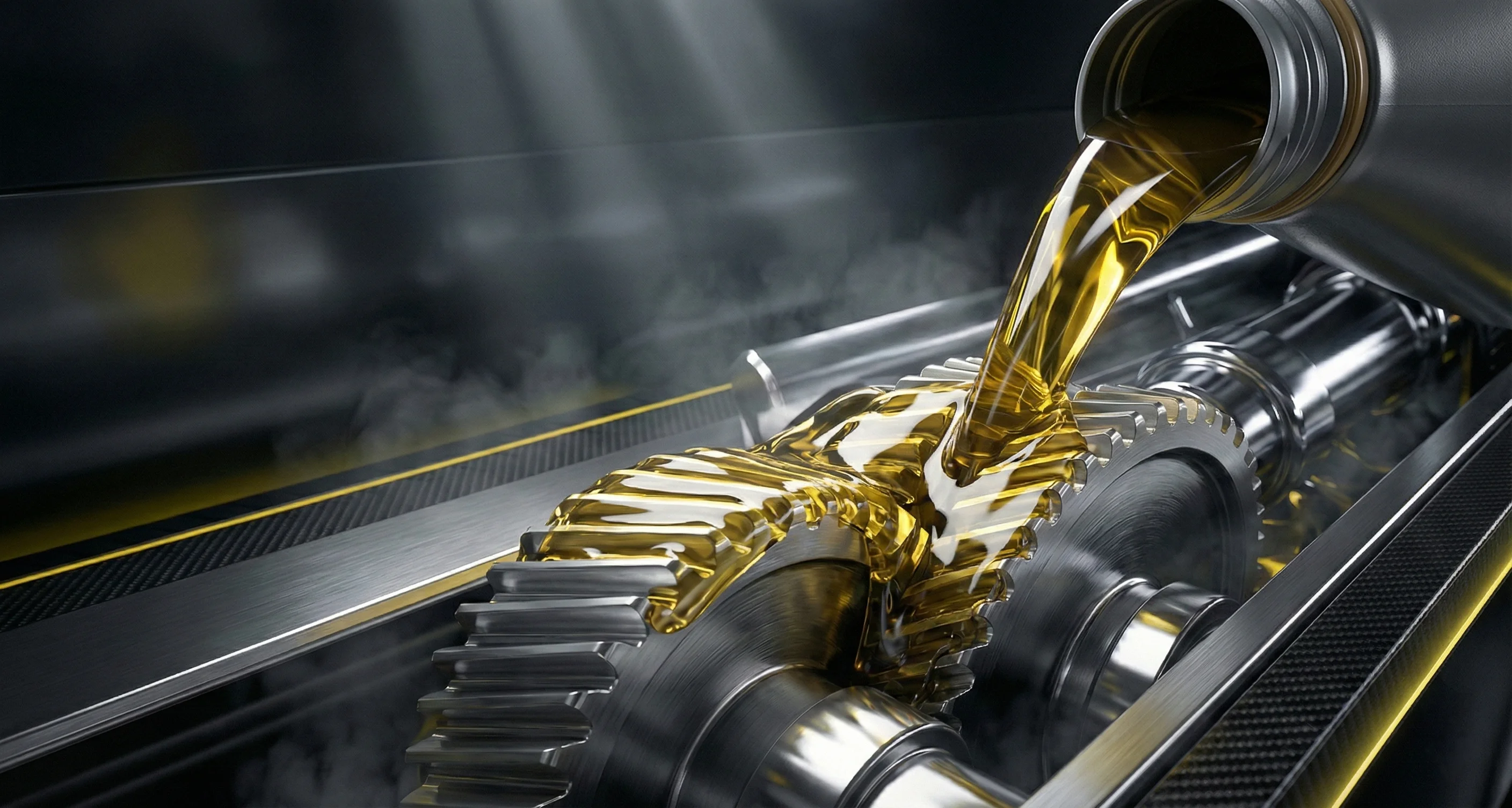 Golden motor oil pouring onto interlocking metal gears inside an engine.