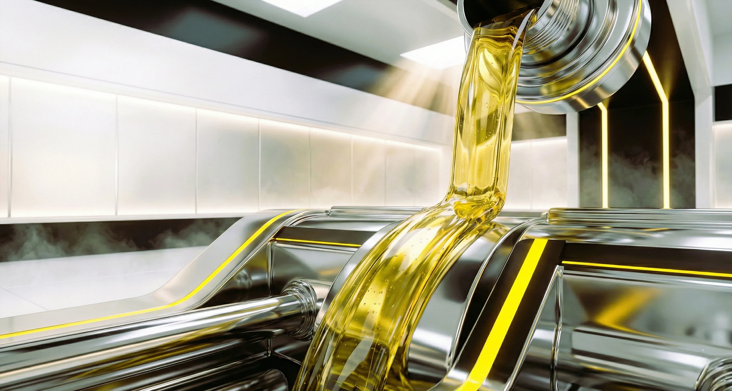 Golden liquid flowing from a metallic container into a shiny industrial stainless steel tank with yellow accents.