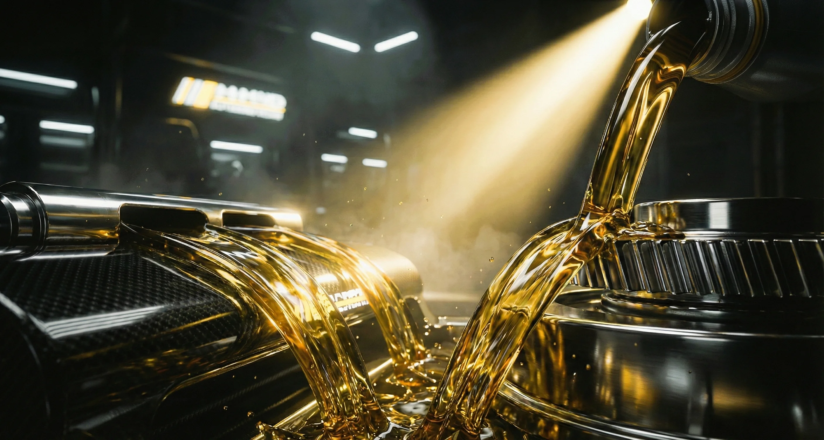 Golden motor oil being poured onto shiny metal engine parts in a workshop.