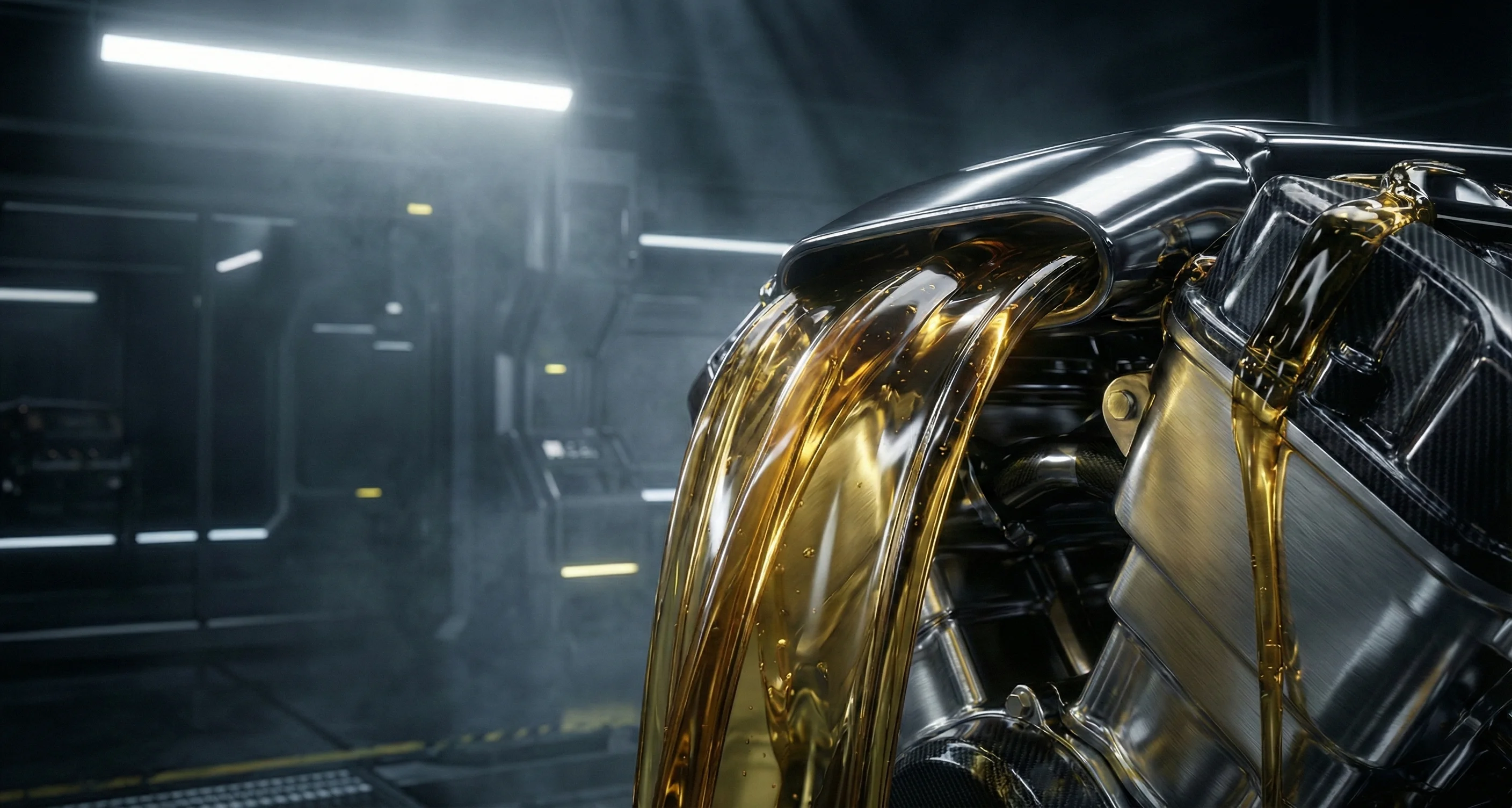 Close-up of golden liquid flowing from a metallic engine component in a dark industrial setting.