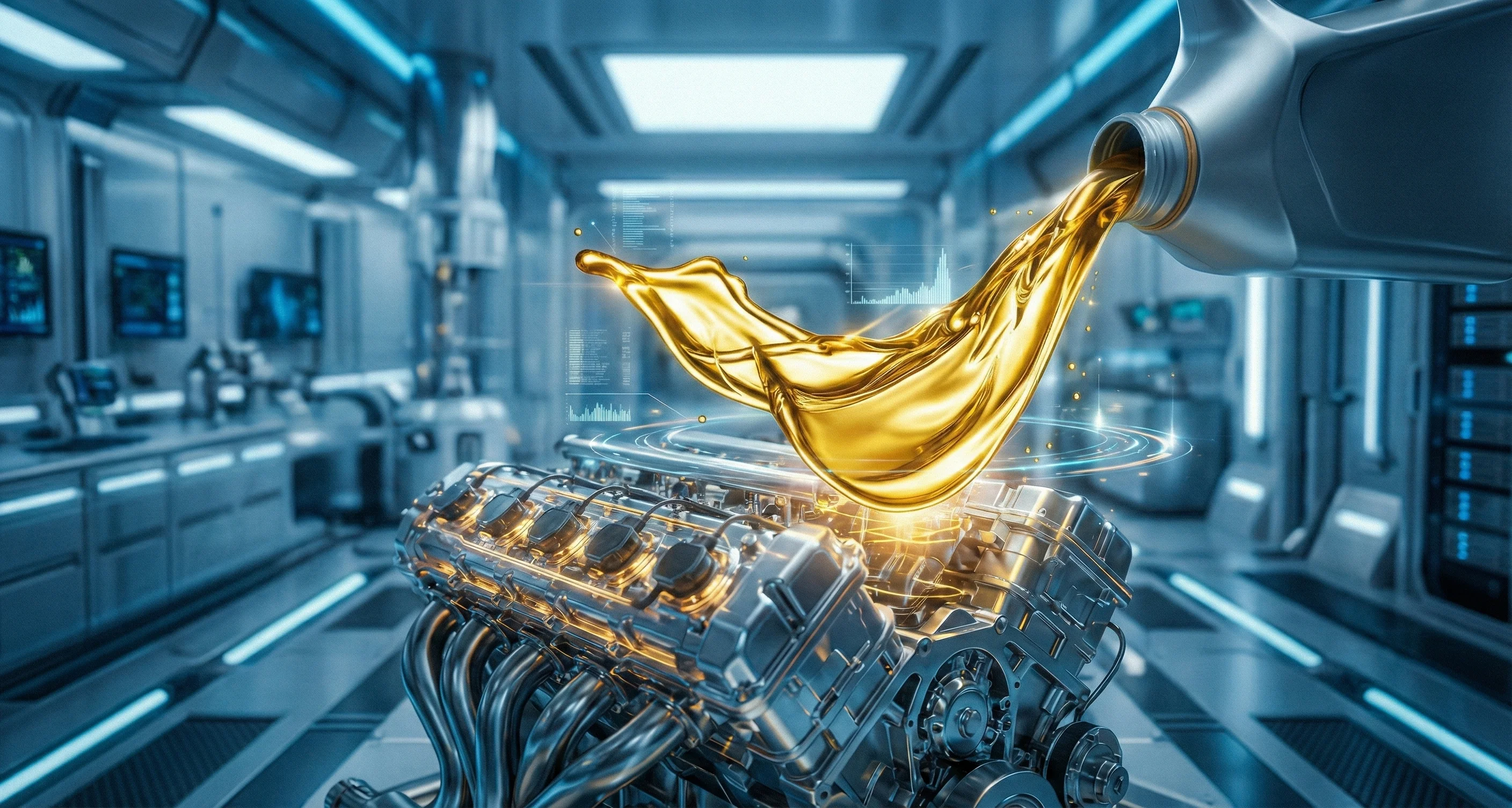 Golden engine oil pouring from a container into a futuristic engine in a high-tech automotive lab.