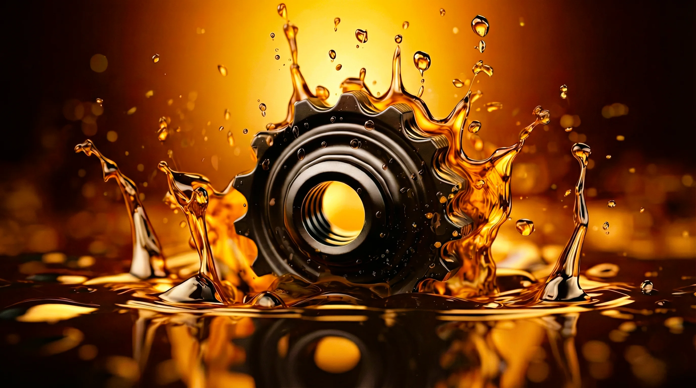 Black gear splashing into viscous golden oil with droplets suspended mid-air against a warm glowing background.