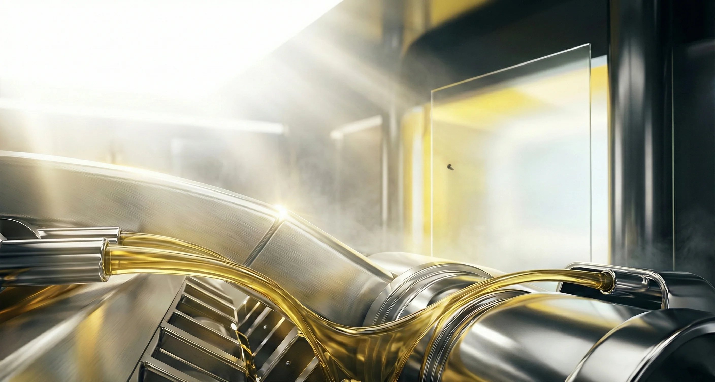 Close-up of golden liquid flowing through metallic pipes in an industrial machine with steam and bright light.
