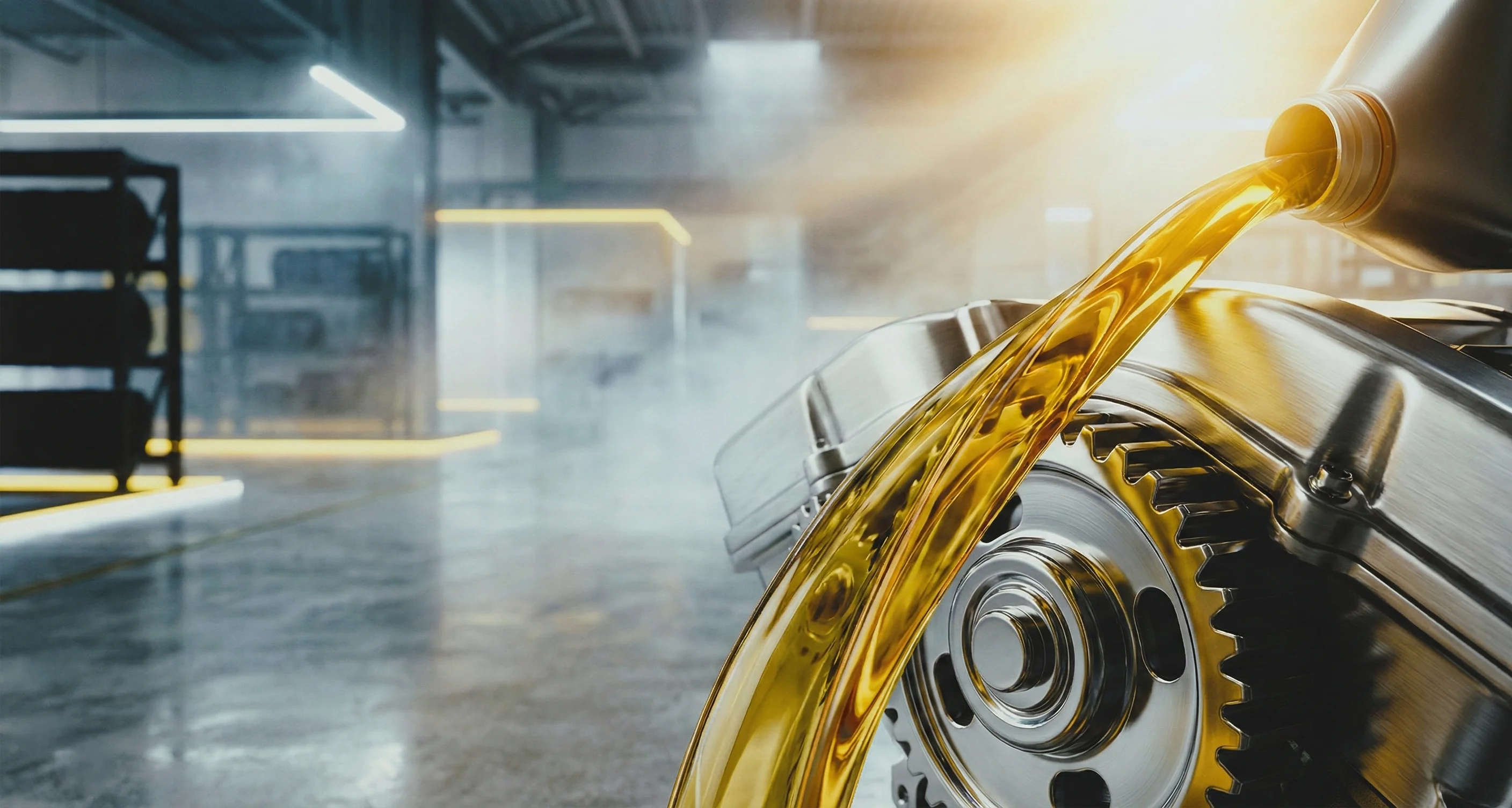 Golden motor oil being poured onto shiny engine gears in a modern industrial setting.
