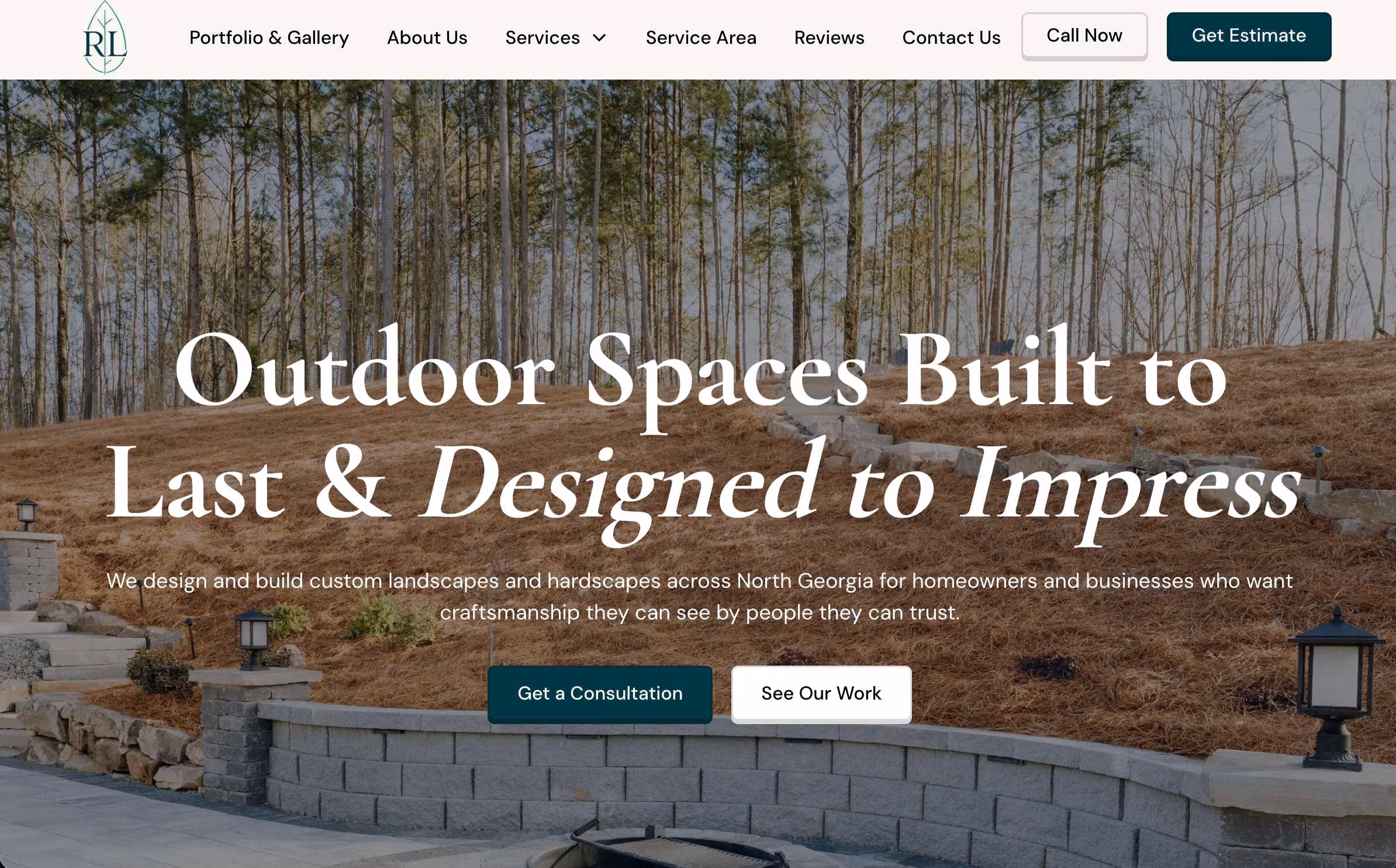 Website homepage for Rooted Landscape Management. Shows retaining wall and fire place in front of hill with pine straw. designed by Weber Strategic Solutions