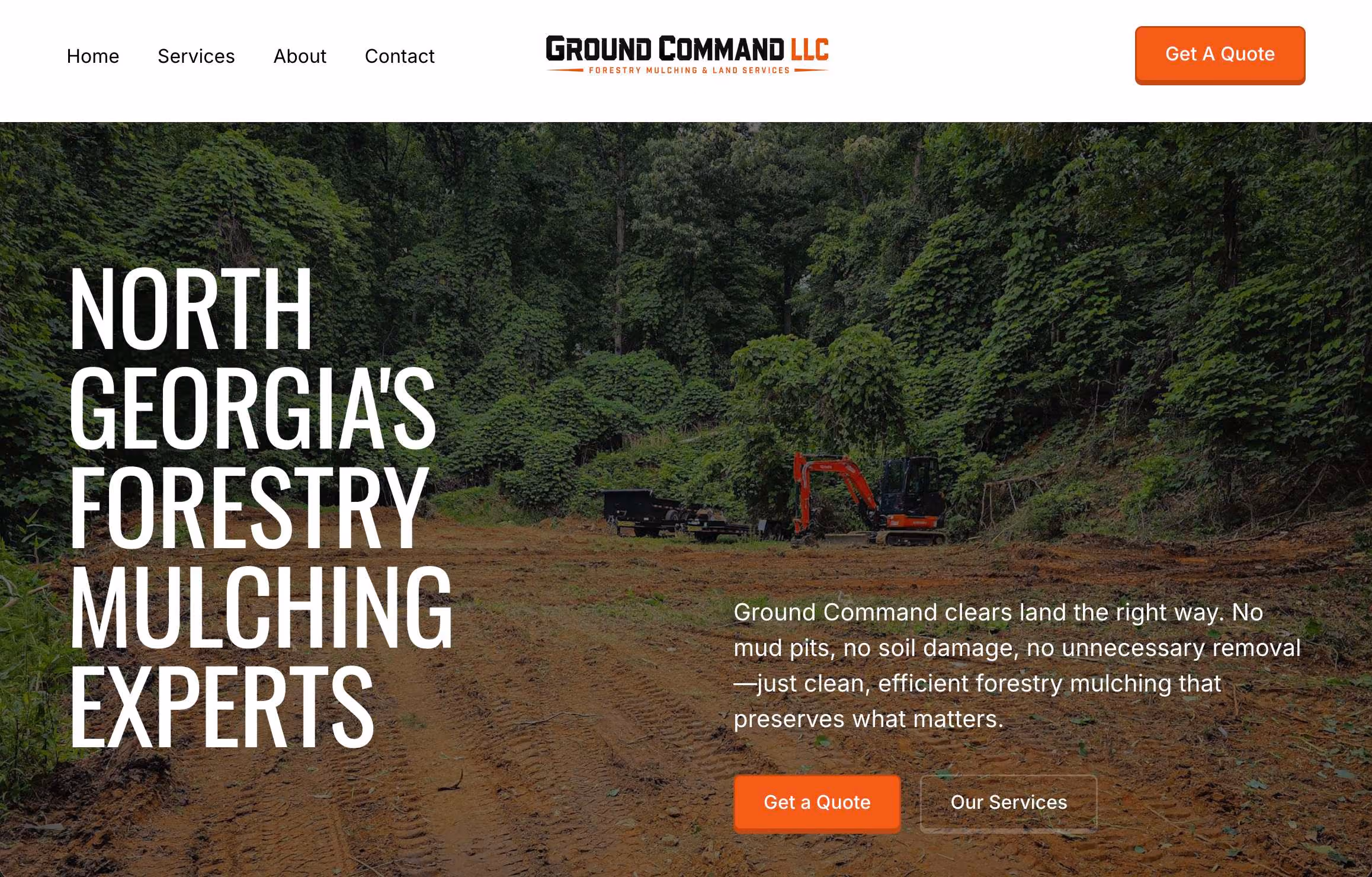 Home page of website showing cleared lot with excavator tool in front of wooded area. Designed by Weber Strategic Solutions