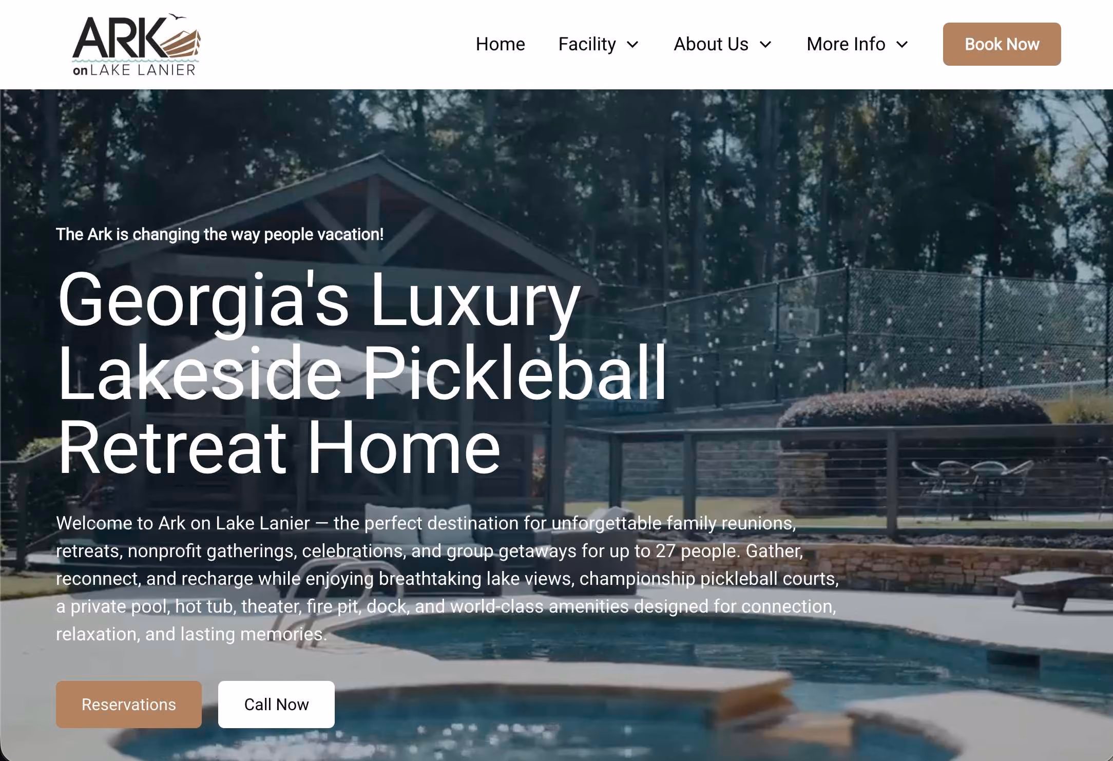 Home page of Ark on Lake Lanier website showing pool and pickleball courts design by Weber Strategic Solutions