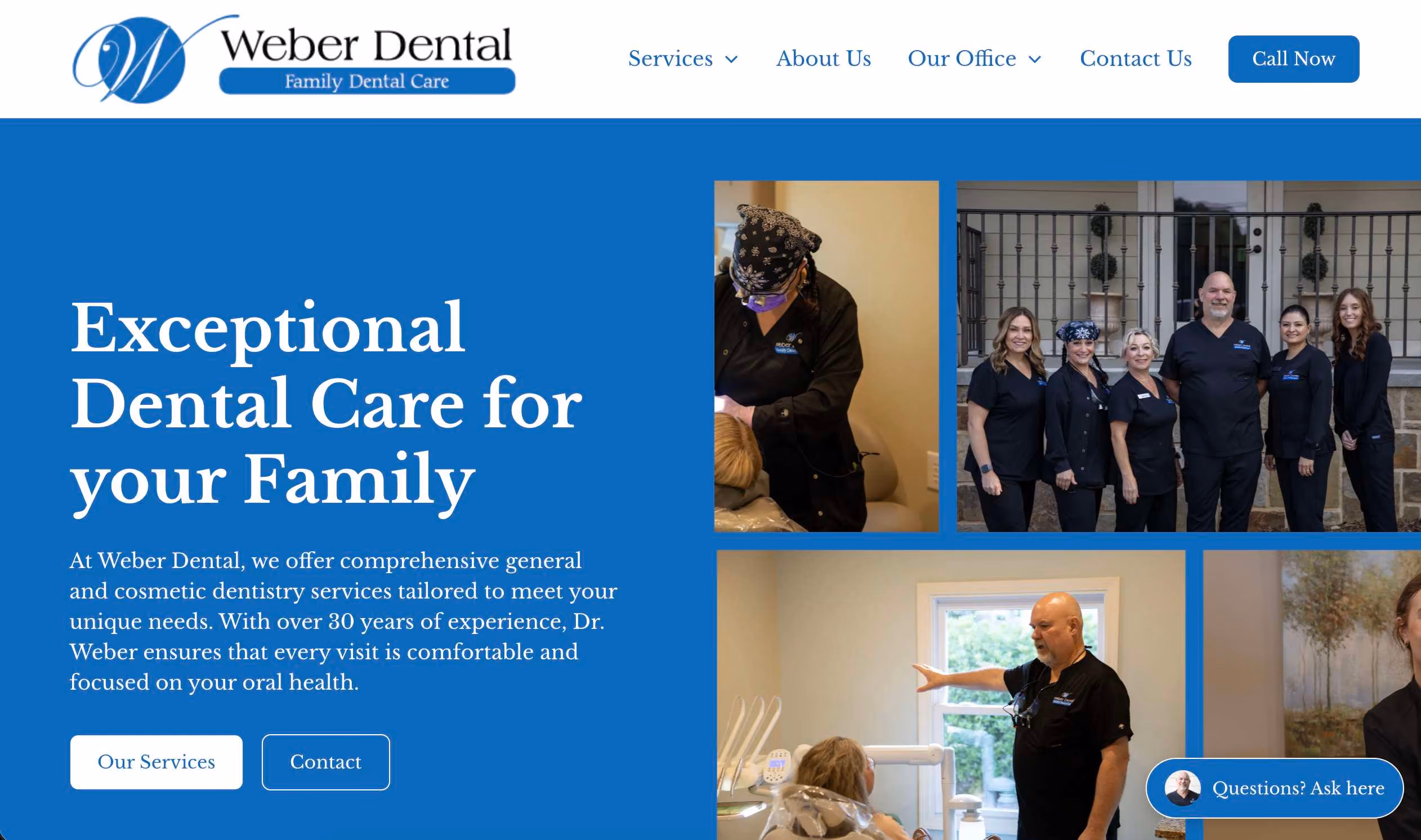 screenshot of Weber Dental hero header on home page of website developed by weber strategic solutions