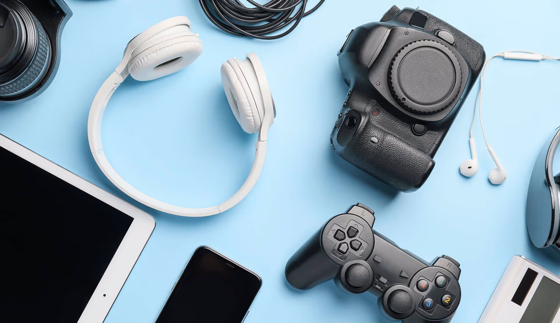 Assortment of electronics on table.