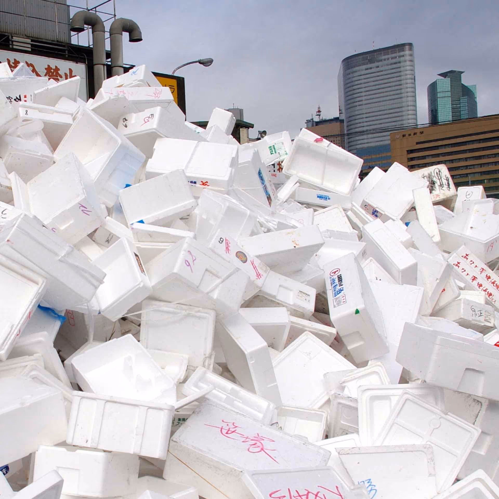 Large pile of EPS outside a market