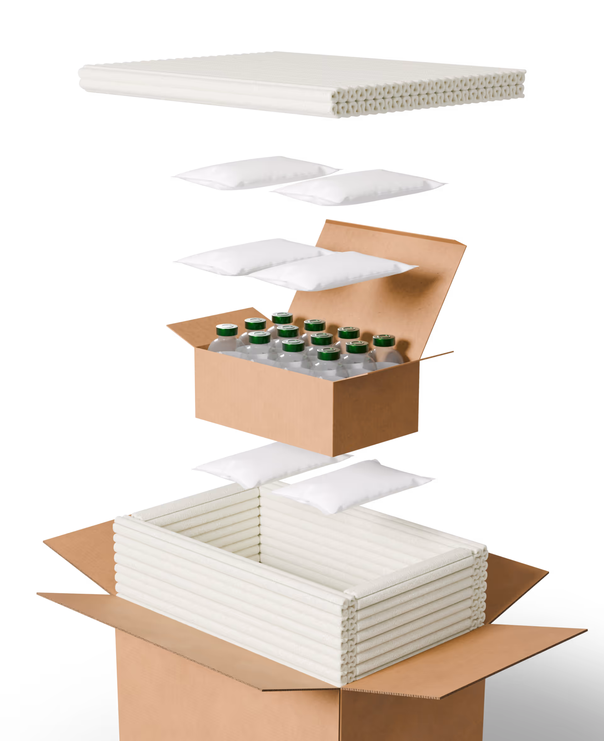 Exploded view of a cardboard box with internal Green Cell foam padding and gels surrounding bottled products inside.