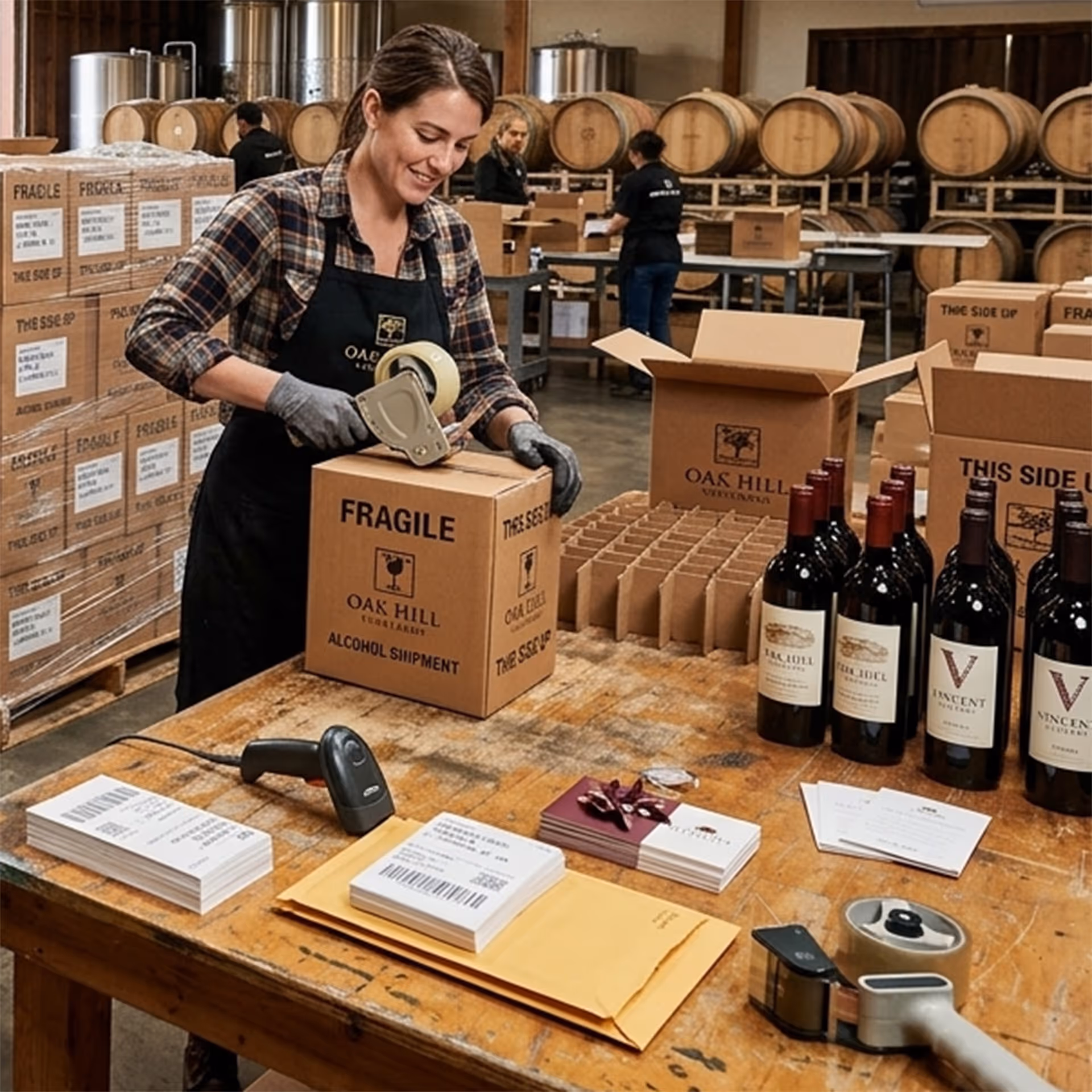 Woman shipping wine from winery. 