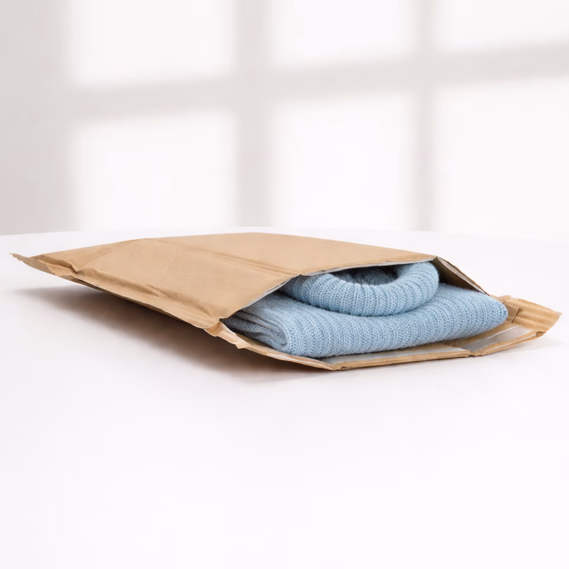 Blue sweater in a mailer. 