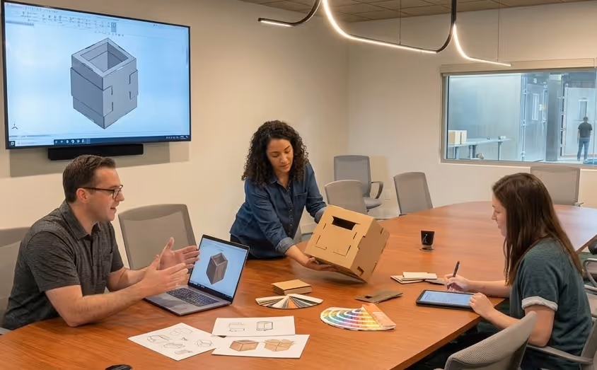 Packaging engineers collaborate on prototype.