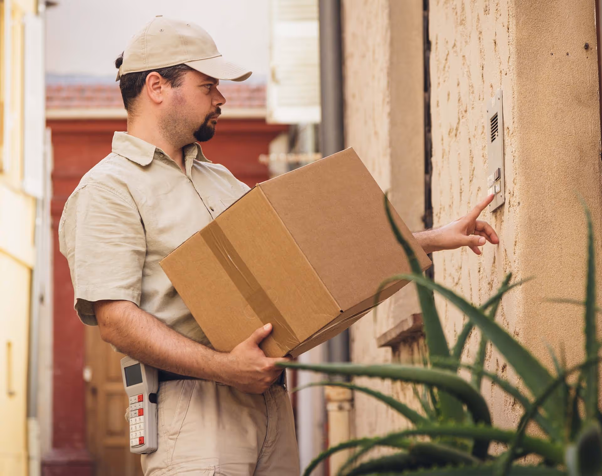 Delivery of package at home. 