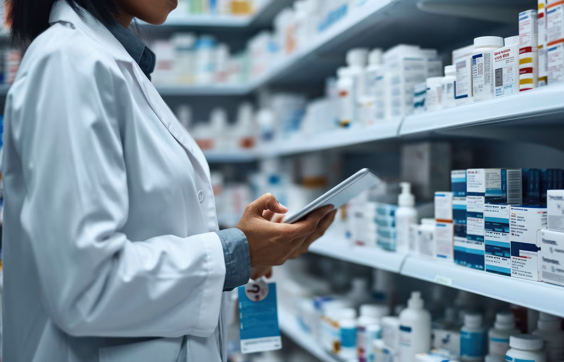 Specialty pharmacist with tablet looking at shelf of drugs.