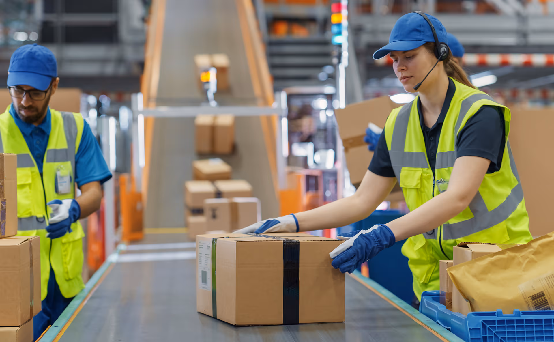 Fulfillment center with packages on conveyor belt. 