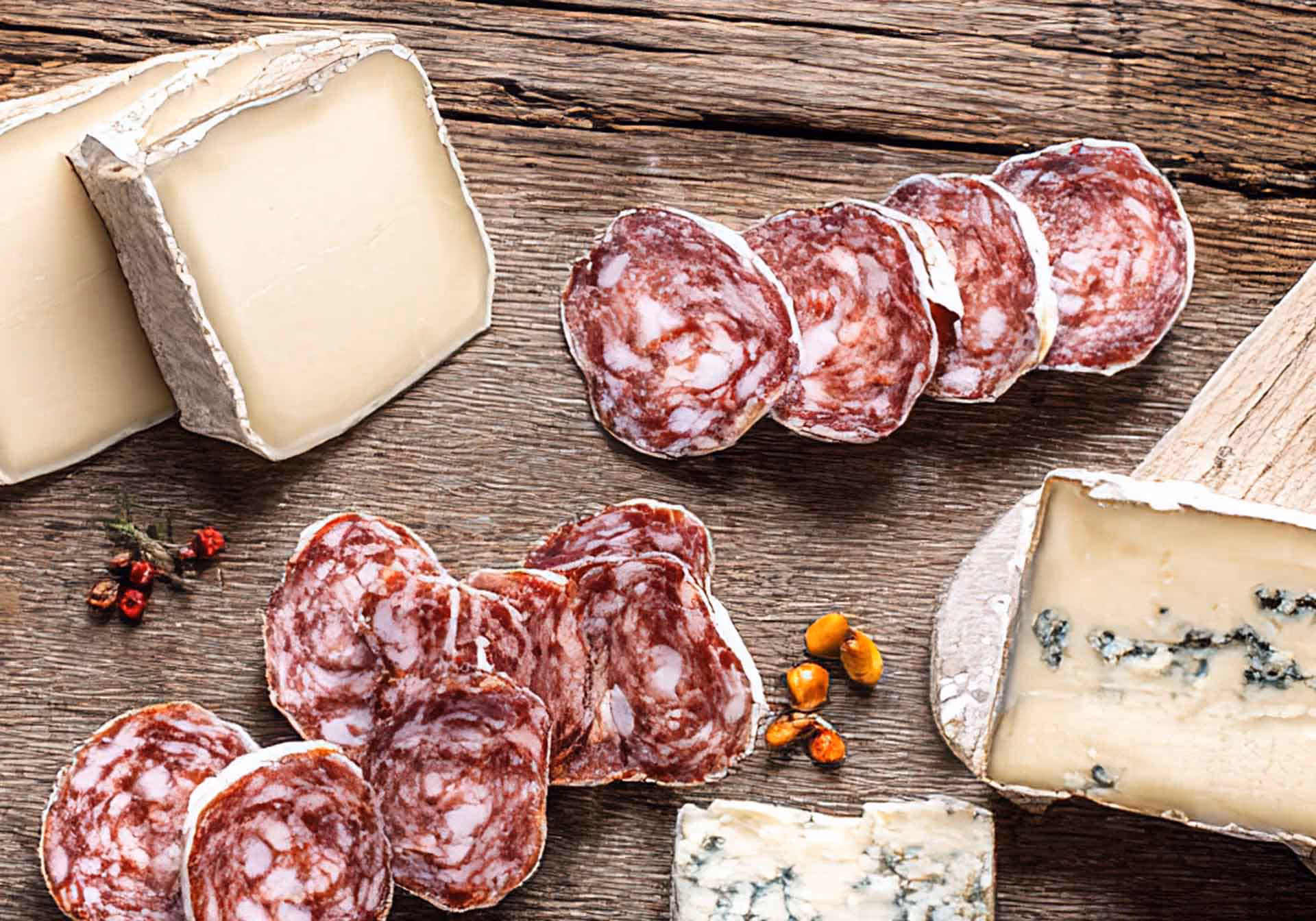 Charcuterie board of meat and cheese