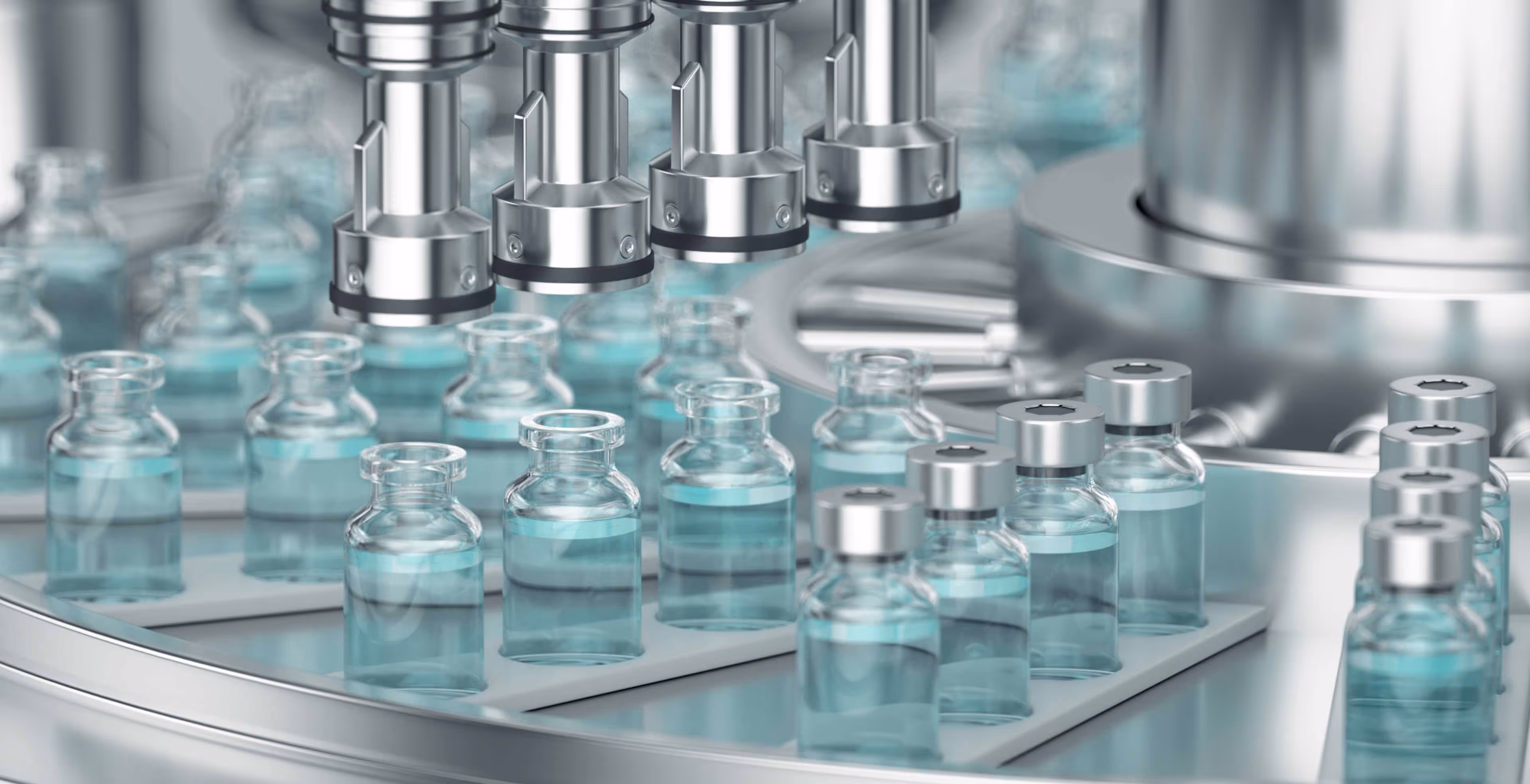 Life science vials of medicine in factory.